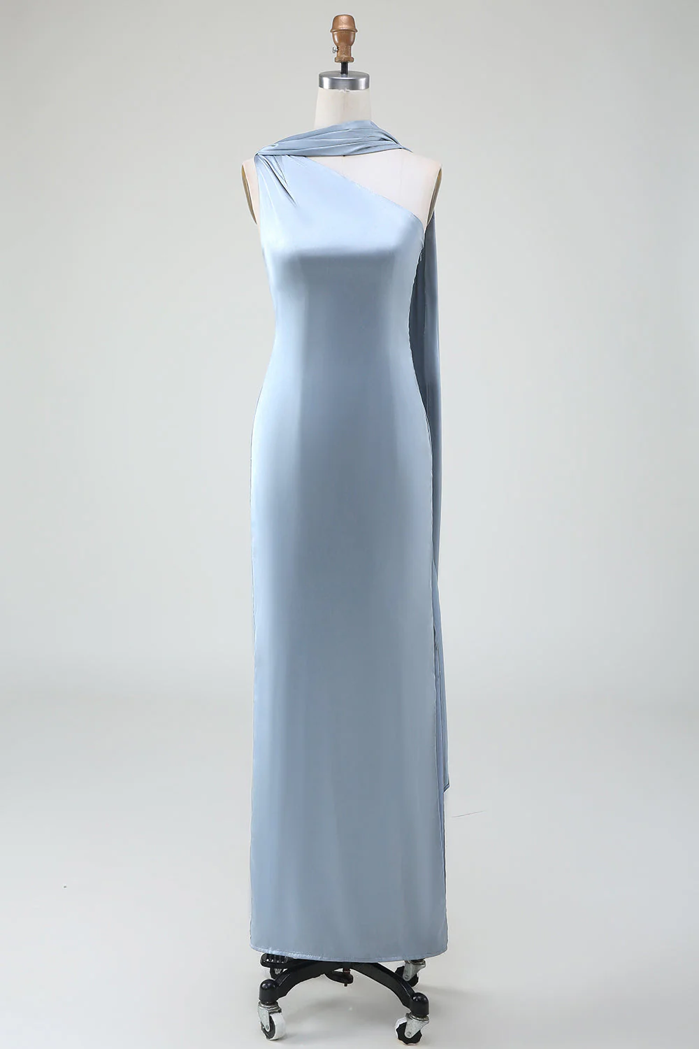 Blue Sheath One Shoulder Satin Long Bridesmaid Dress - JUORTHO
