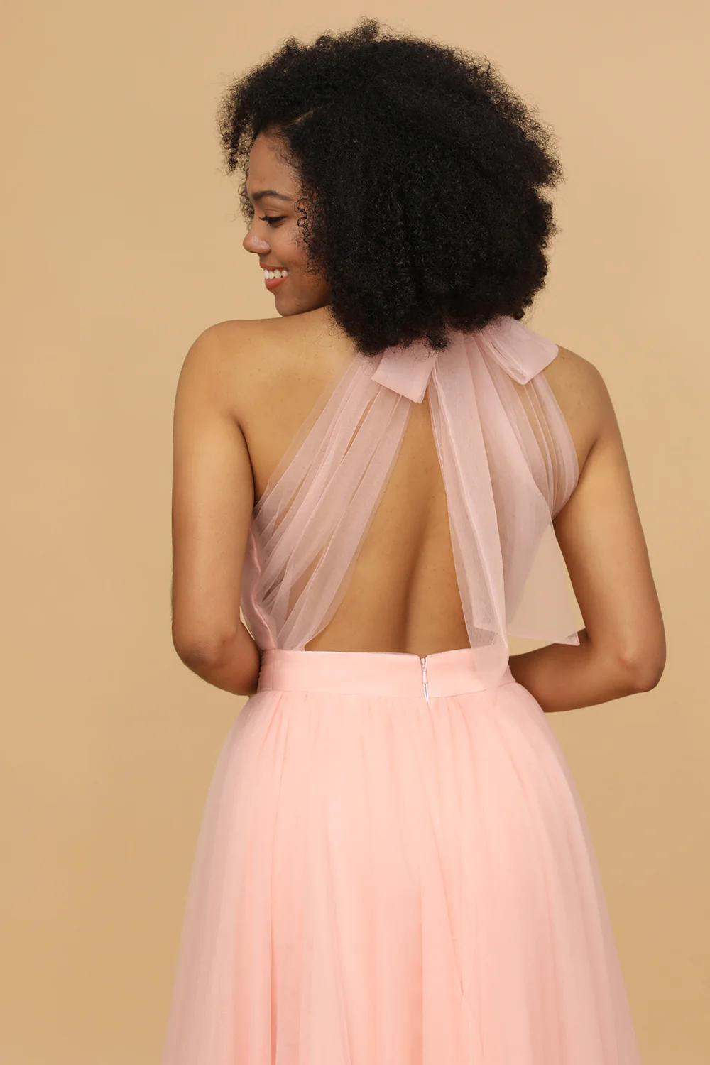 Blush Halter Tulle Long Bridesmaid Dress - JUORTHO