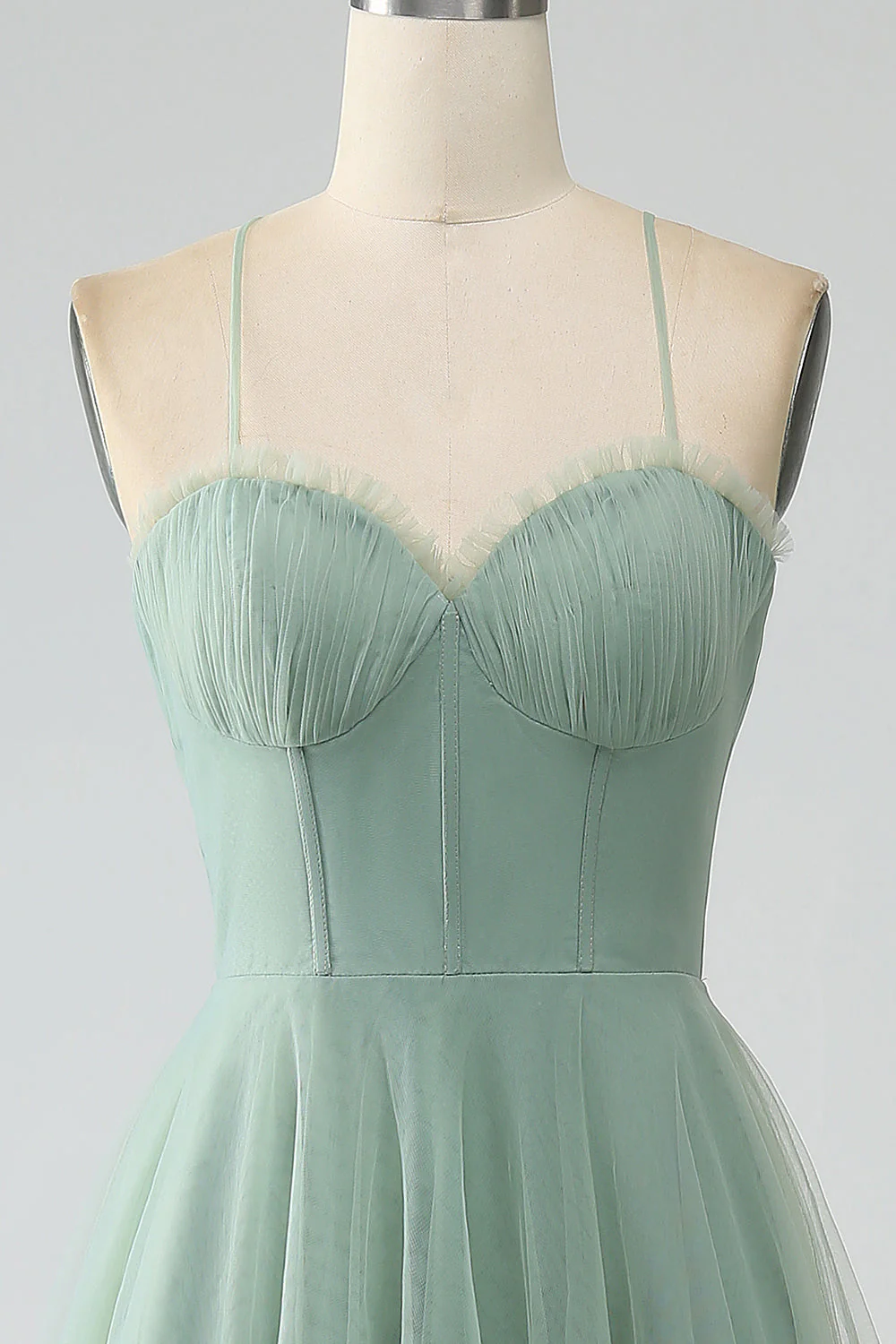 Matcha A-Line Spaghetti Straps Tea-Length Corset Tulle Bridesmaid Dress - JUORTHO