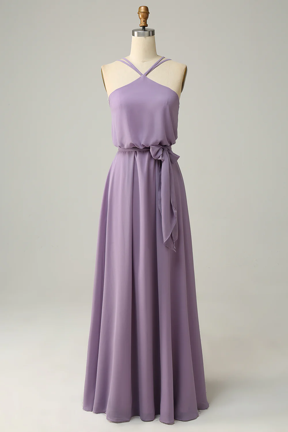 A Line Halter Grey Purple Long Bridemaid Dress with Bowknot - JUORTHO