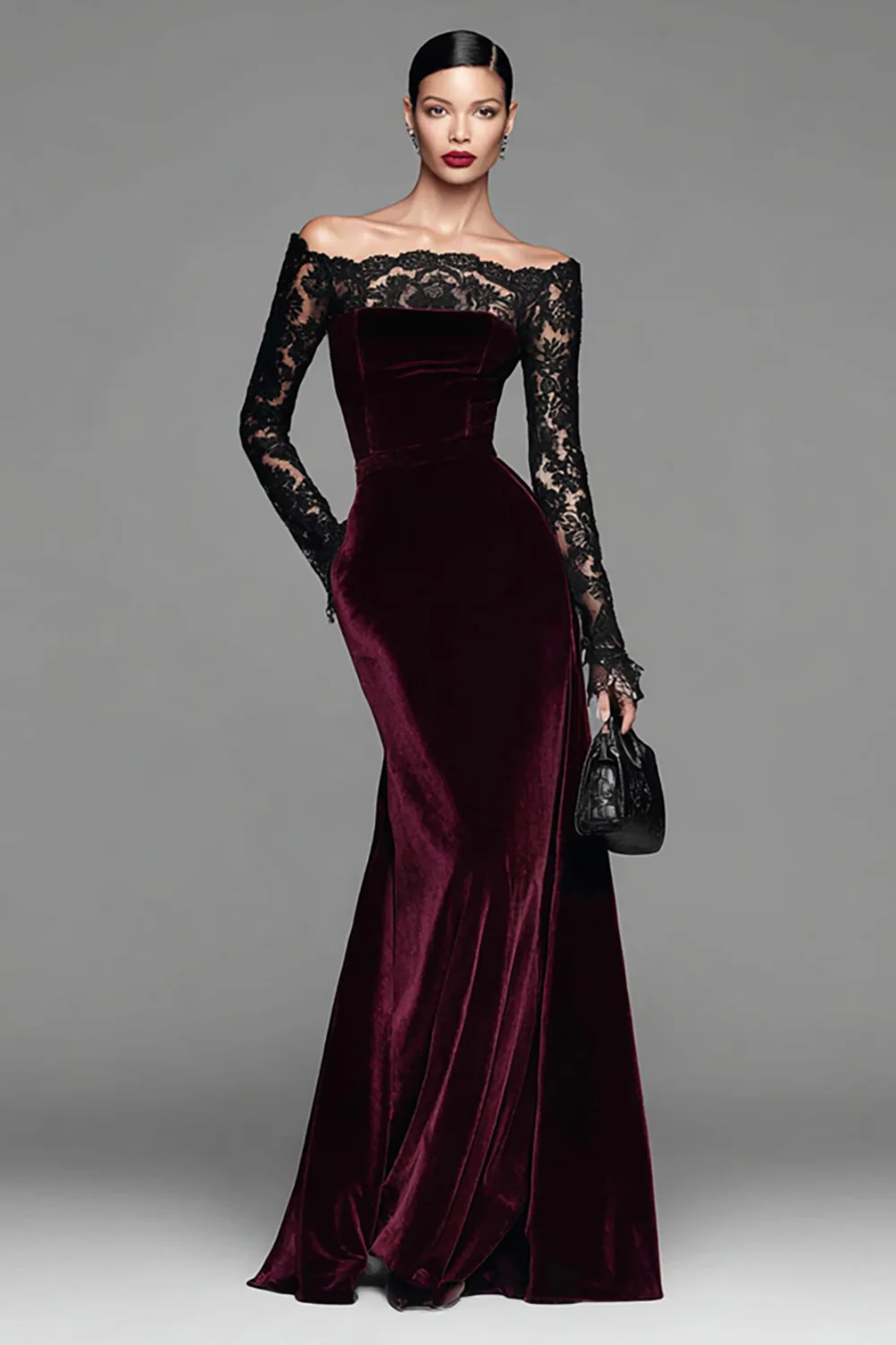 Burgundy Velvet Mermaid Long Sleeves Holiday Party Dress with Lace - JUORTHO
