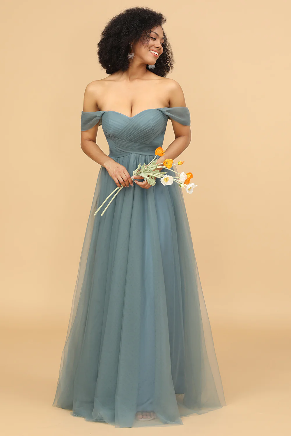 Off The Shoulder Grey Blue Long Bridesmaid Dress - JUORTHO