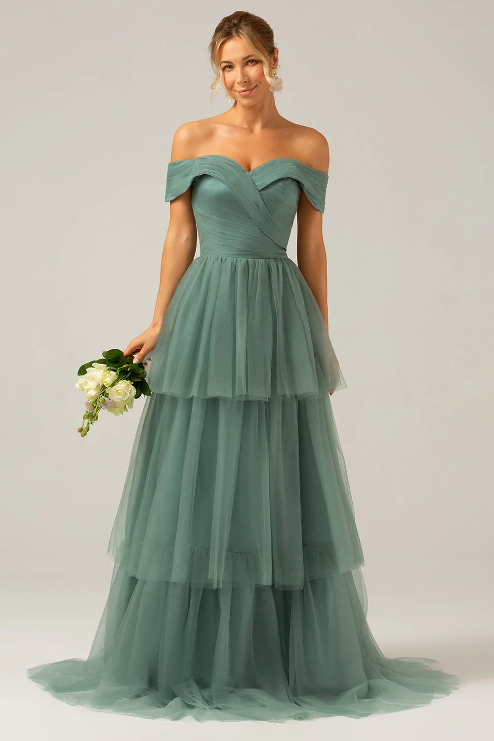 Grey Green Tulle A Line Off the Shoulder Tiered Bridesmaid Dress - JUORTHO
