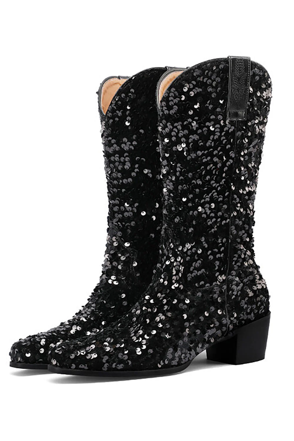 Glitter Black Mid Calf Sequins Snip Toe Chunky Heeled Boots - JUORTHO