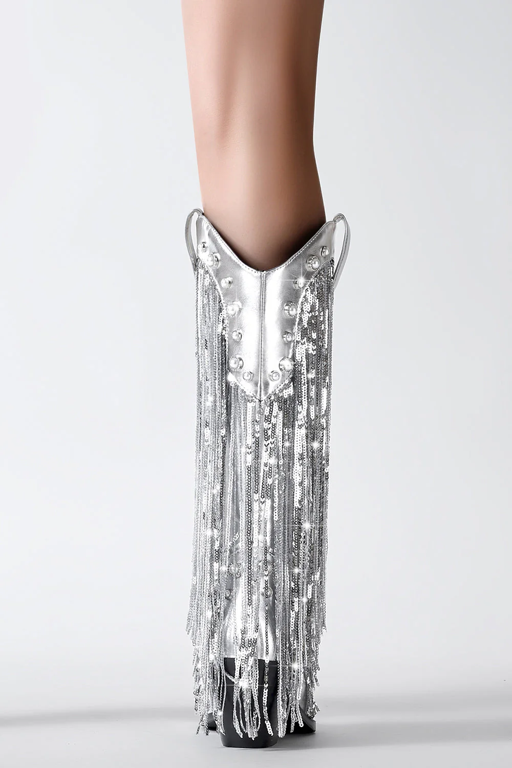 Glitter Silver Metallic Tassel Pointed Toe Cowgirl Boots with Sequins - JUORTHO