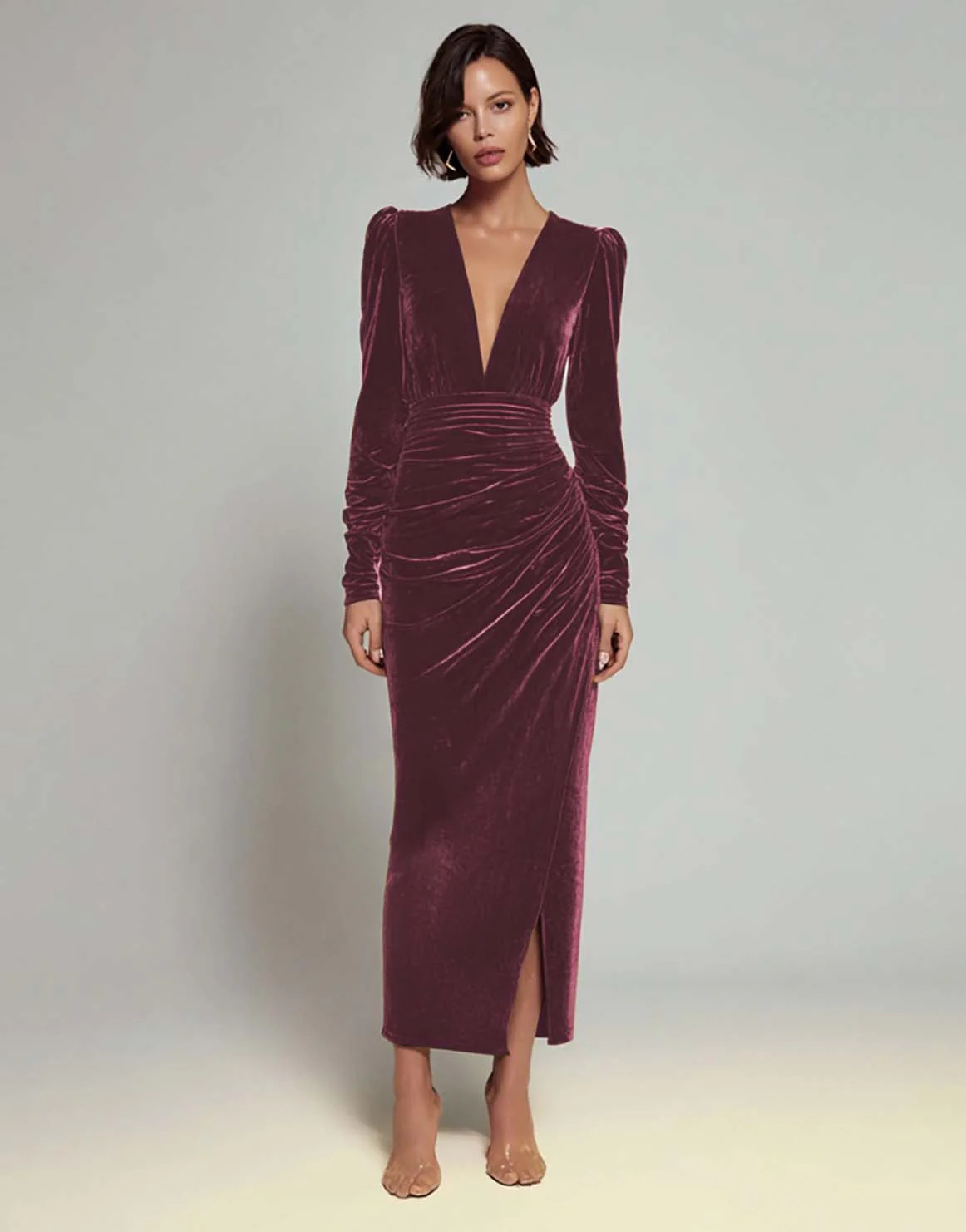 Olive Sheath Velvet Deep V-Neck Long Holiday Party Dress with Sleeves - JUORTHO