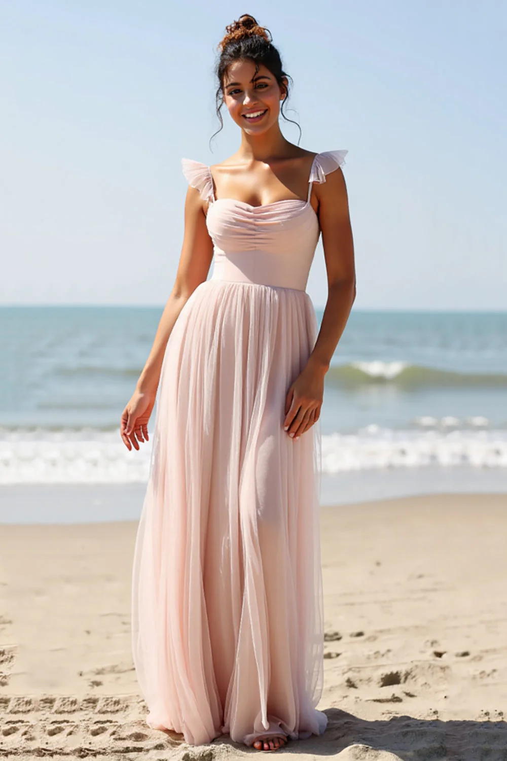 Candy Pink A Line Long Pleated Bridesmaid Dress with Slit - JUORTHO