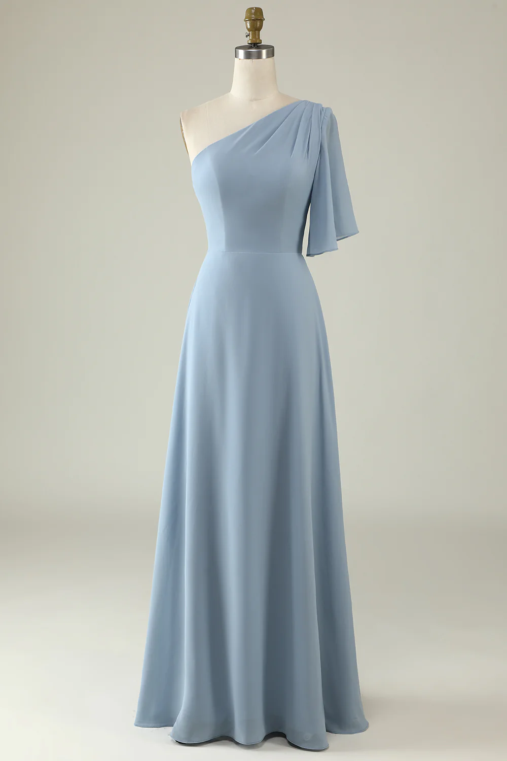 Grey Blue One Shoulder Chiffon Boho Bridesmaid Dress - JUORTHO