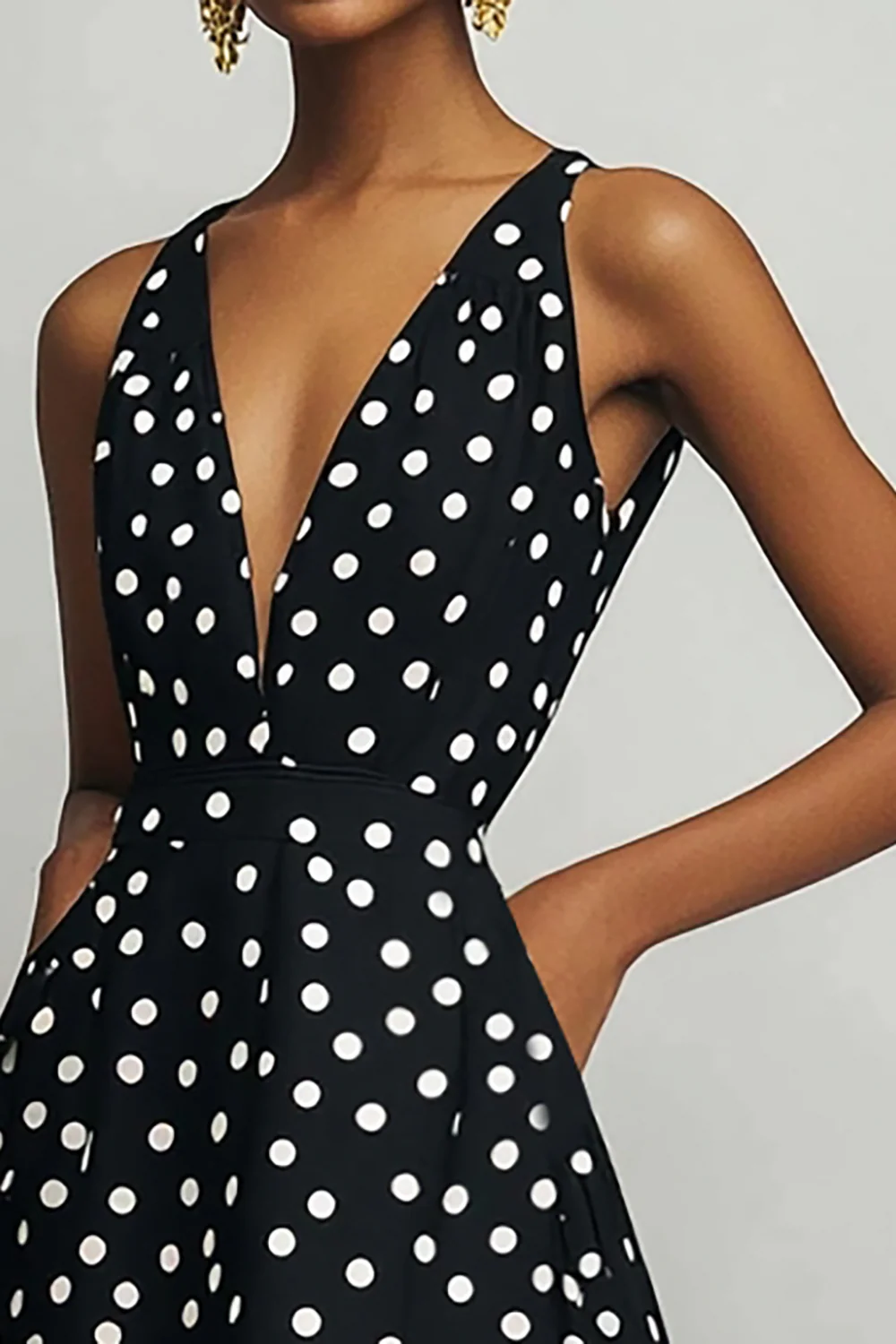 Satin Black and White A Line Boho Midi Polka Dot Dress - JUORTHO