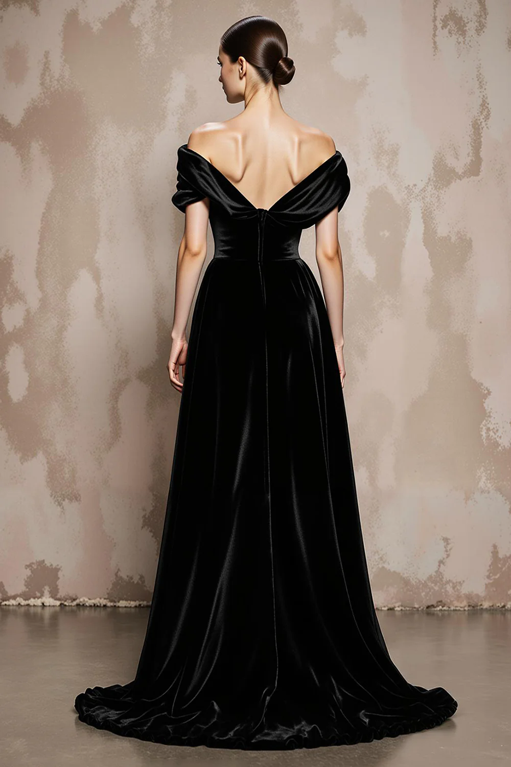 Black A Line Velvet Off the Shoulder Long Formal Dress - JUORTHO