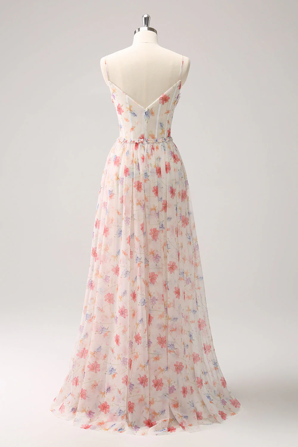 White Red Floral Corset A-Line Spaghetti Straps Long Bridesmaid Dress - JUORTHO