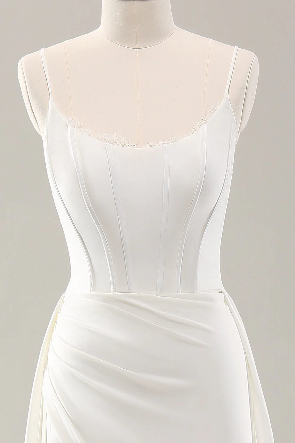 White Spaghetti Straps Satin Sweep Train Wedding Dress with Slit - JUORTHO