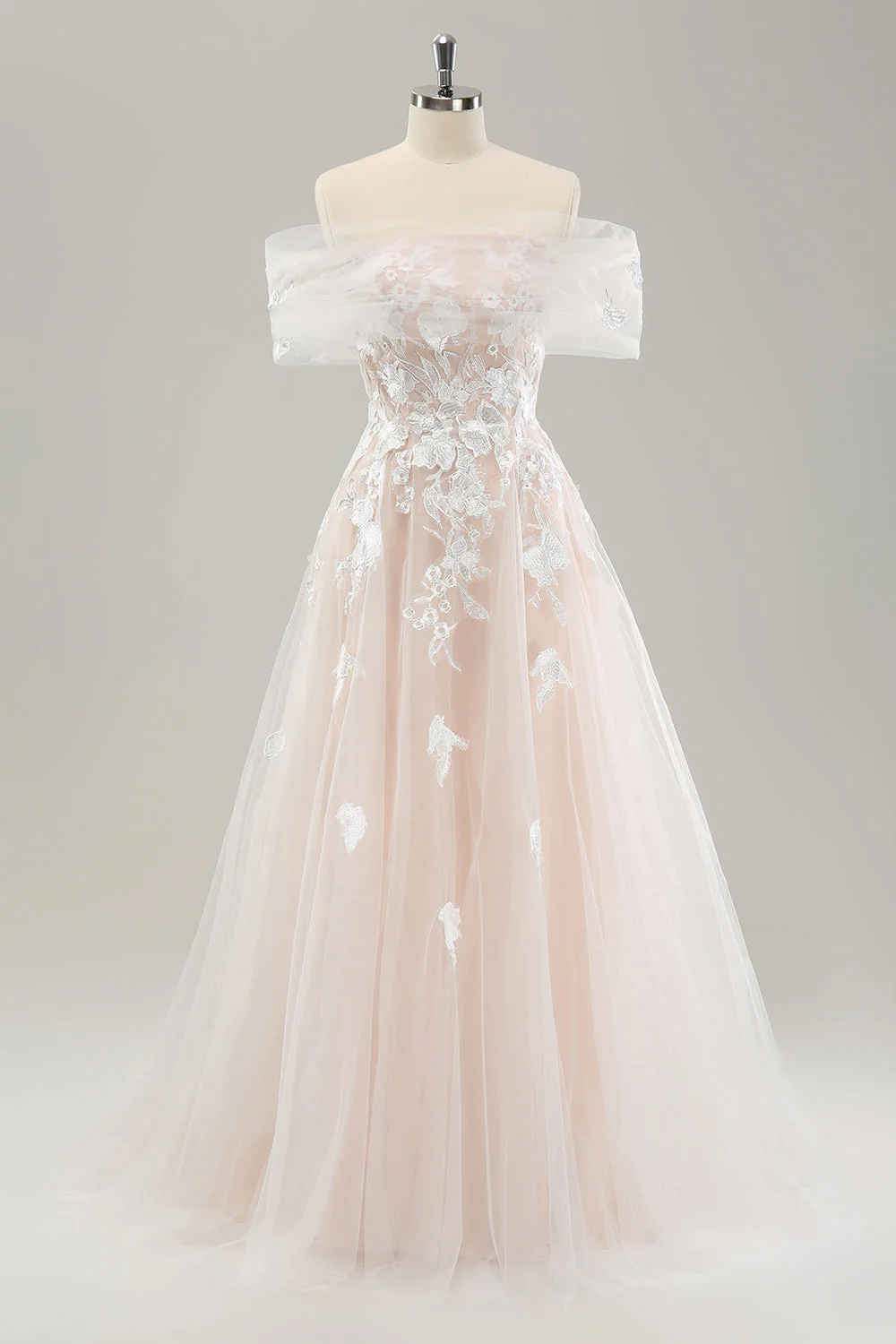 White Off the Shoulder A Line Tulle Bridal Dress with Embroidery - JUORTHO
