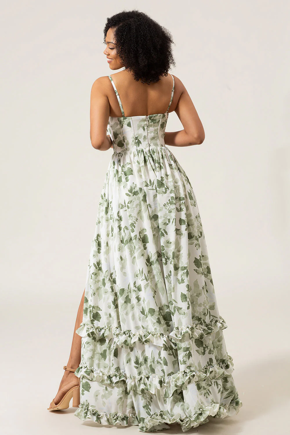 A-Line Spaghetti Straps Green Printed Long Prom Dress With Slit - JUORTHO