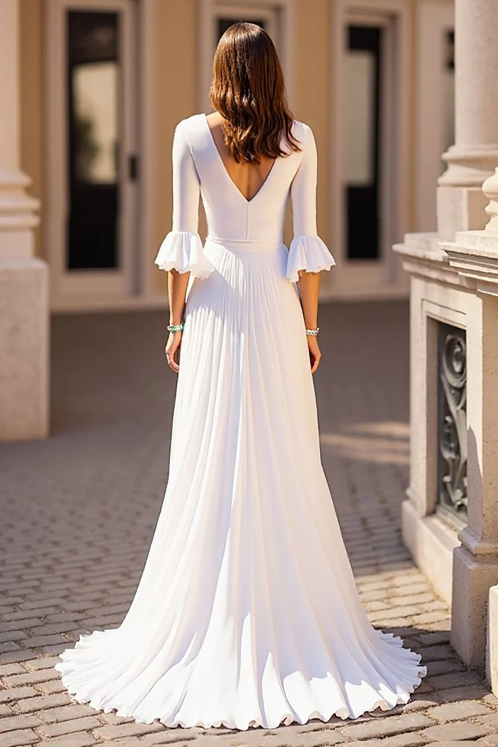 Ivory V-Neck Chiffon Sweep Train Ruffled Boho Wedding Dress with Half Sleeves - JUORTHO