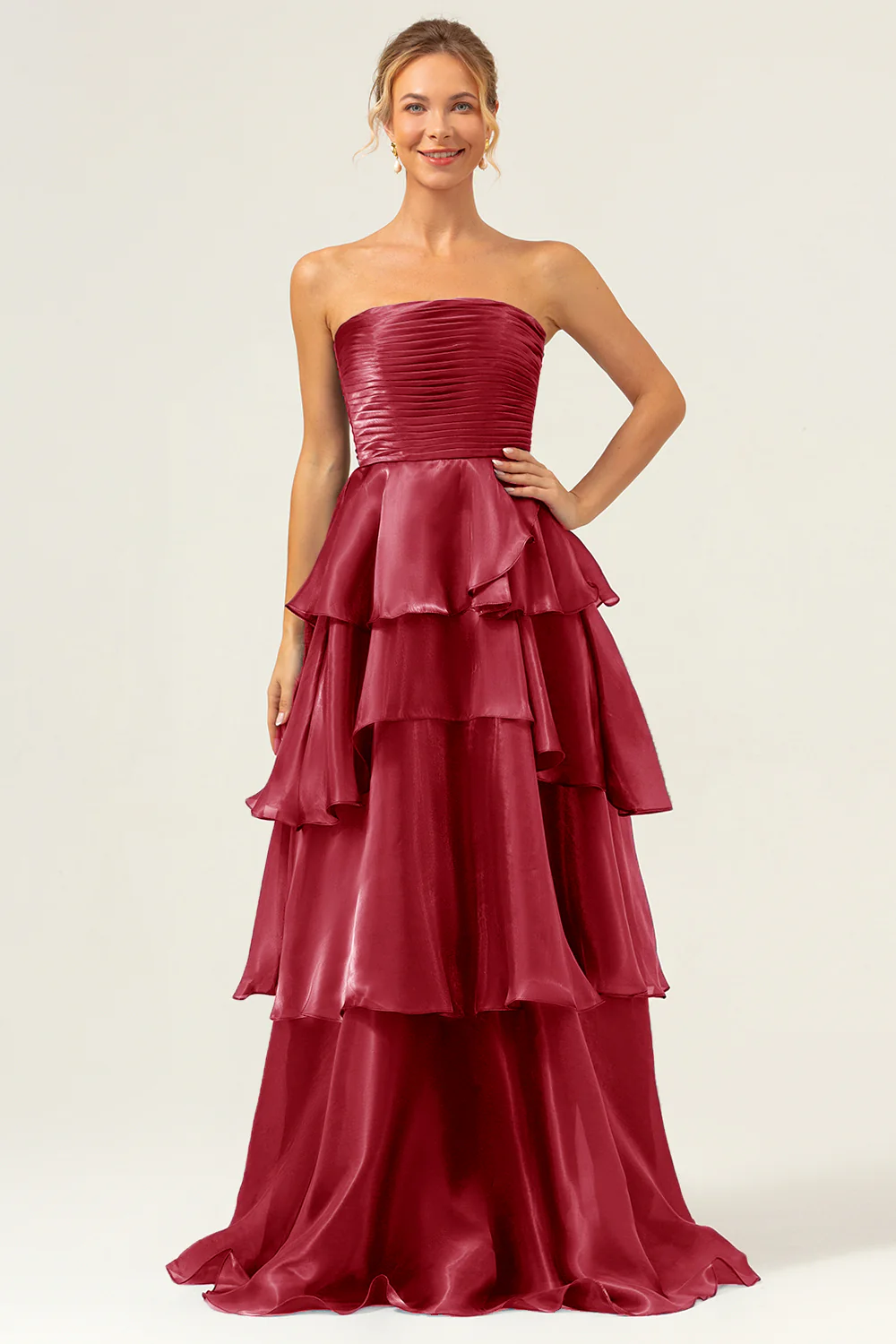 Dark Navy A Line Strapless Tiered Satin Long Bridesmaid Dress - JUORTHO