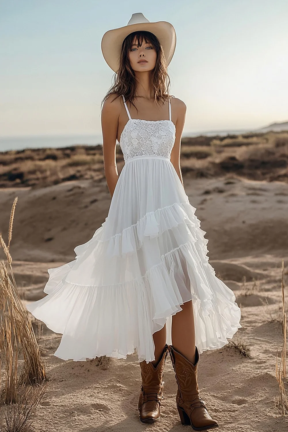 Chiffon Ivory Tiered High-Low Boho Western Wedding Dress with Lace - JUORTHO