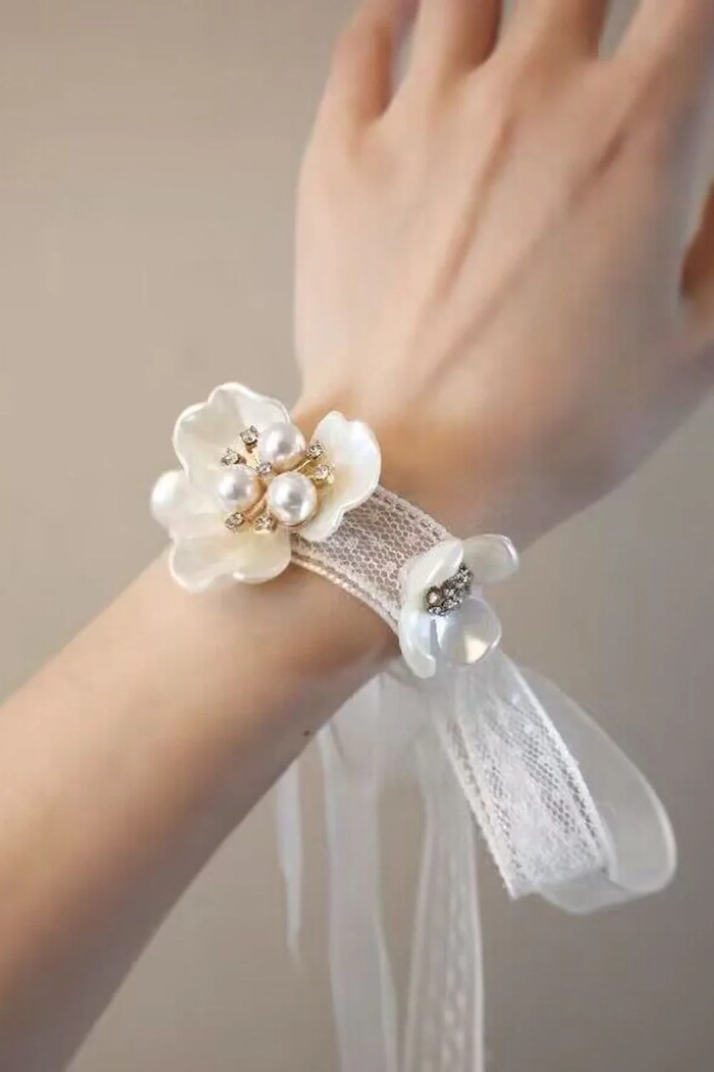 White Ceramic Petal Wrist Corsage with Pearls - JUORTHO