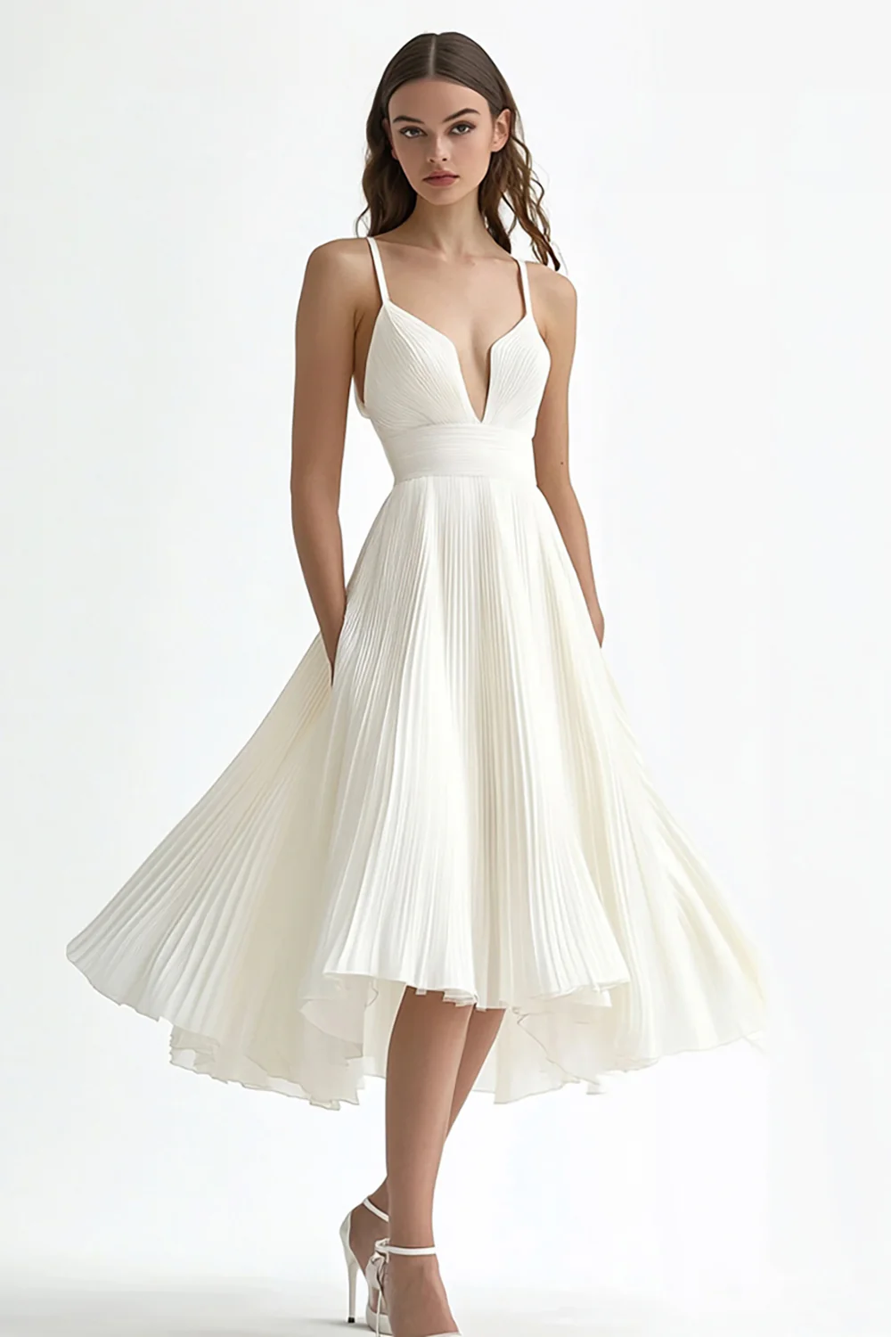 Ivory Chiffon Pleated A Line Midi Engagement Dress - JUORTHO