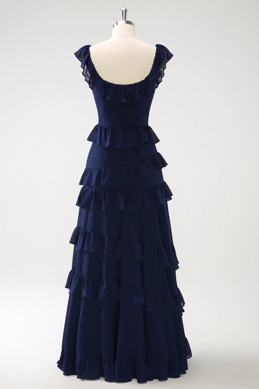 Dark Navy A-Line Tiered Chiffon Long Bridesmaid Dress - JUORTHO