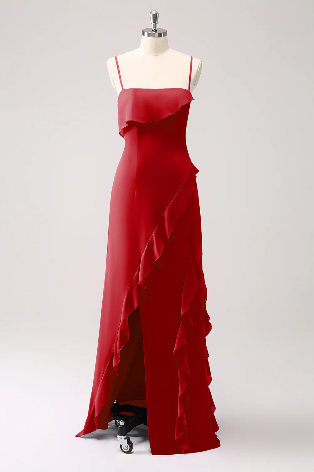 Tahiti Ruffle Spaghetti Straps Chiffon Long Bridesmaid Dress with Slit - JUORTHO