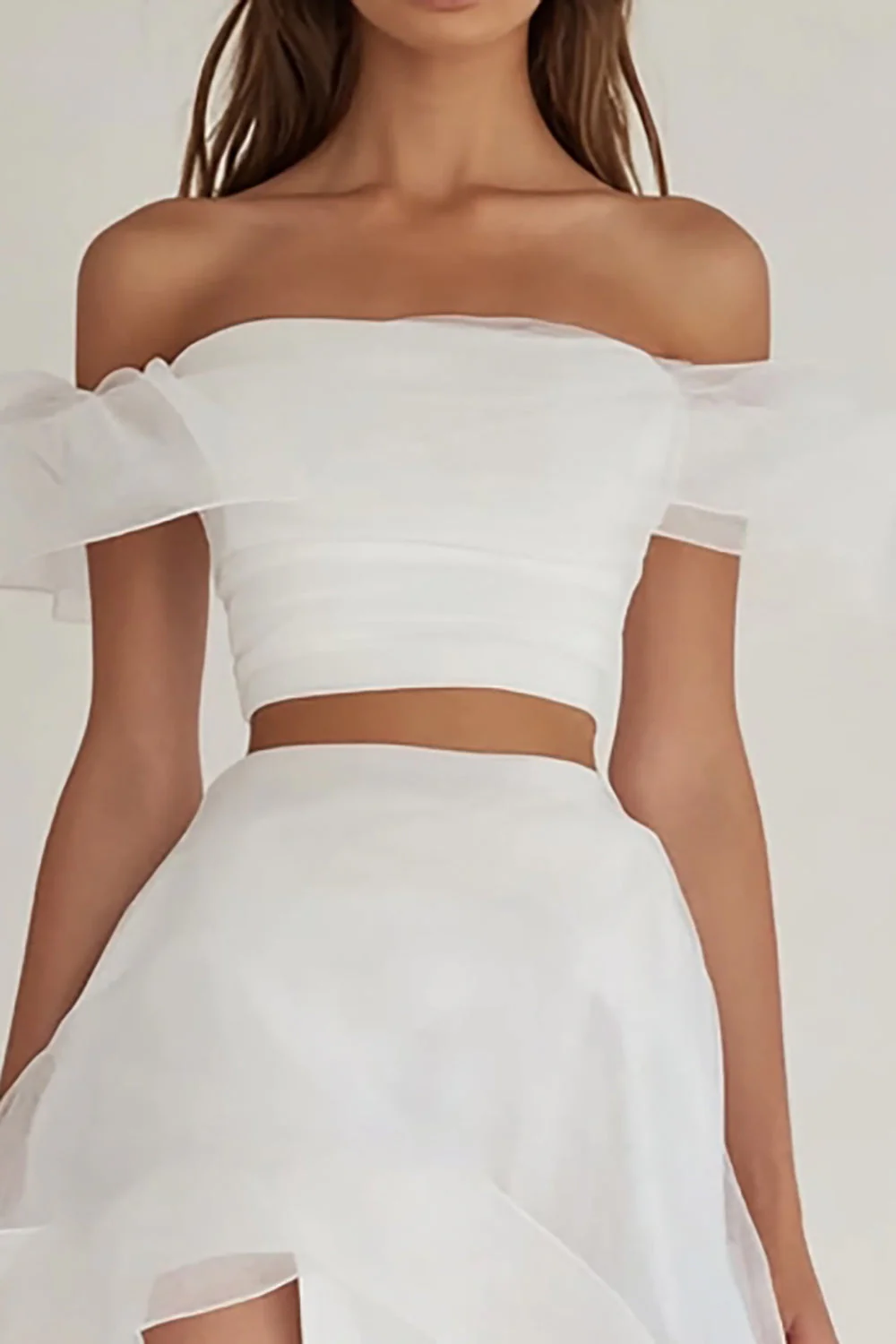 White Organza Two Piece Asymmetrical Engagement Dress with Slit - JUORTHO