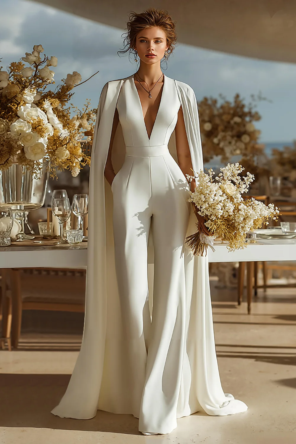 Ivory Deep V-Neck Satin Bridal Jumpsuits with Cape - JUORTHO