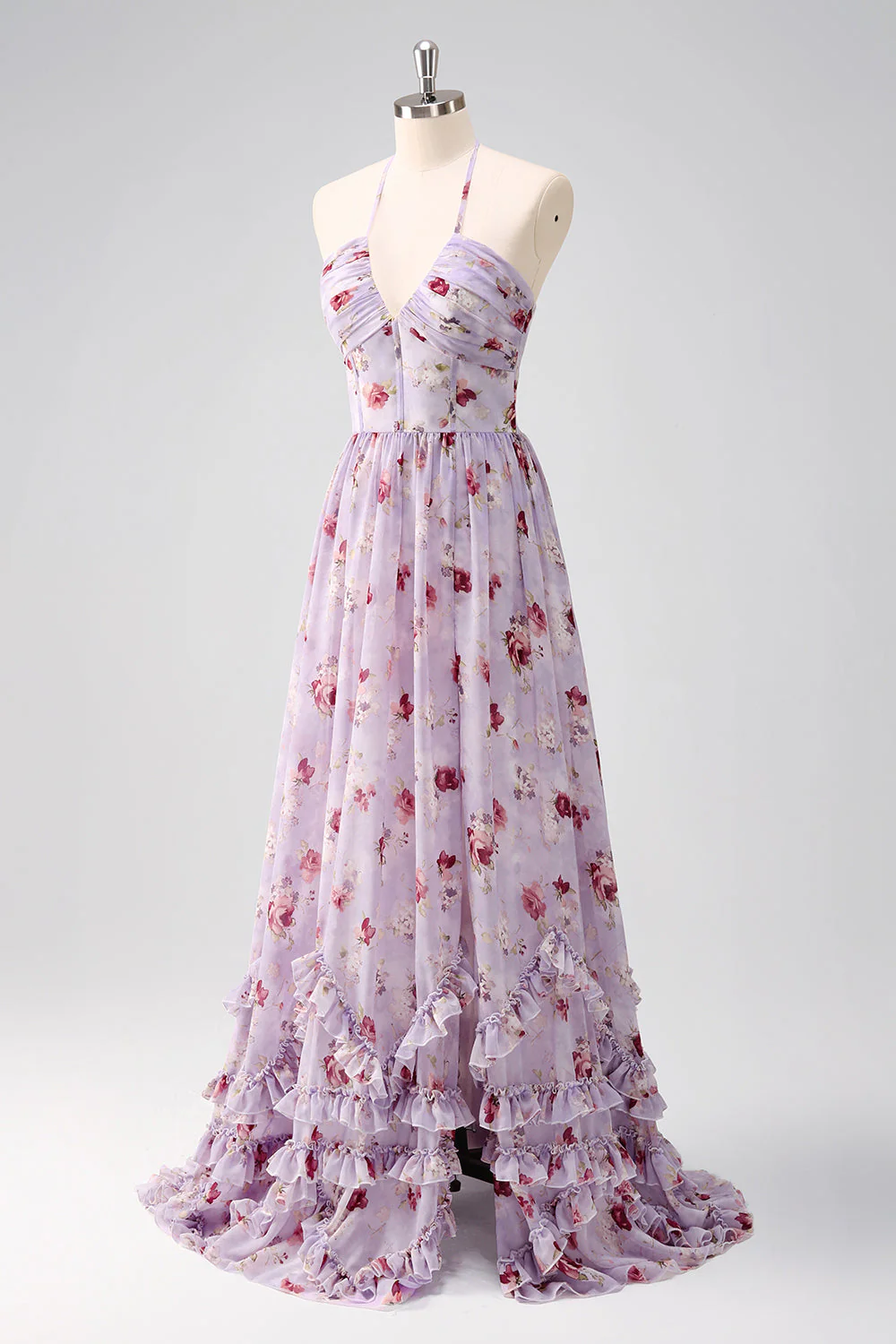 Grey Purple Floral A Line Corset Halter Bridesmaid Dress with Slit - JUORTHO