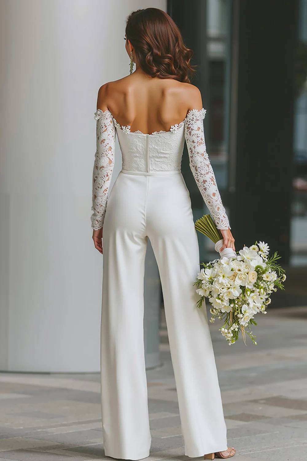 White Long Sleeves Off the Shoulder Bridal Jumpsuits with Pockets - JUORTHO