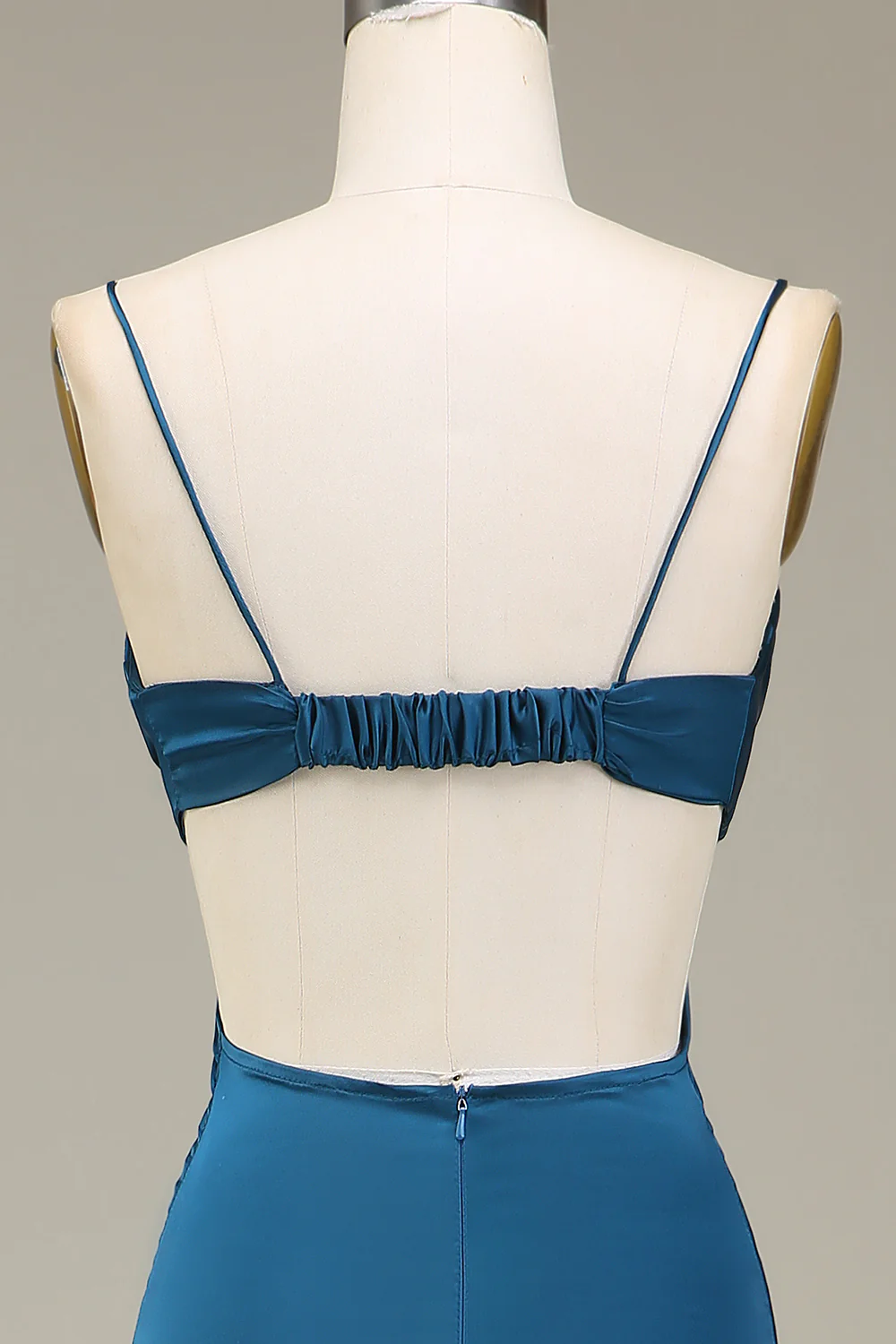 Peacock Sheath Spaghetti Straps Long Satin Bridesmaid Dress - JUORTHO