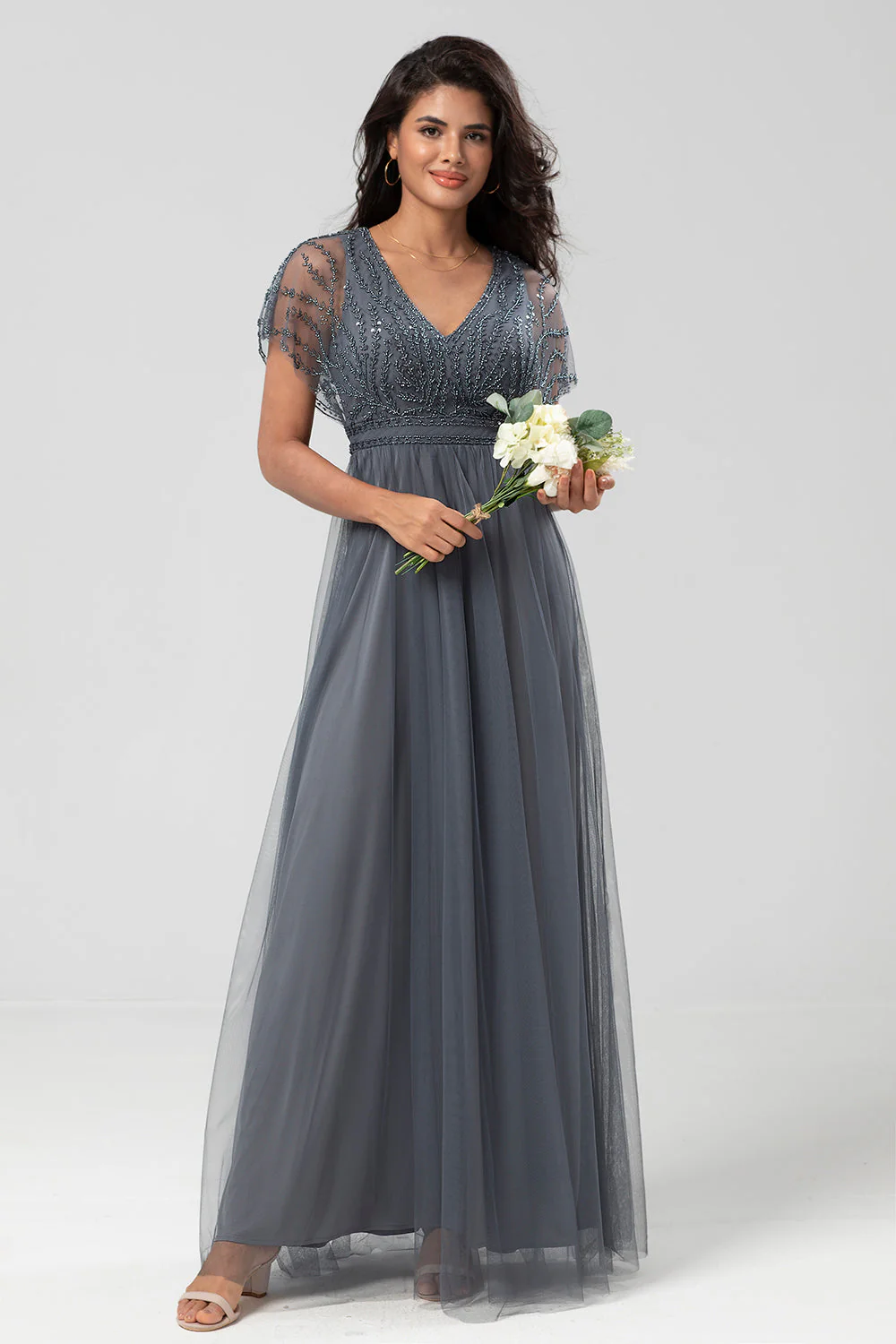Epitome of Romance A-Line V Neck Eucalyptus Long Bridesmaid Dress with Beading - JUORTHO