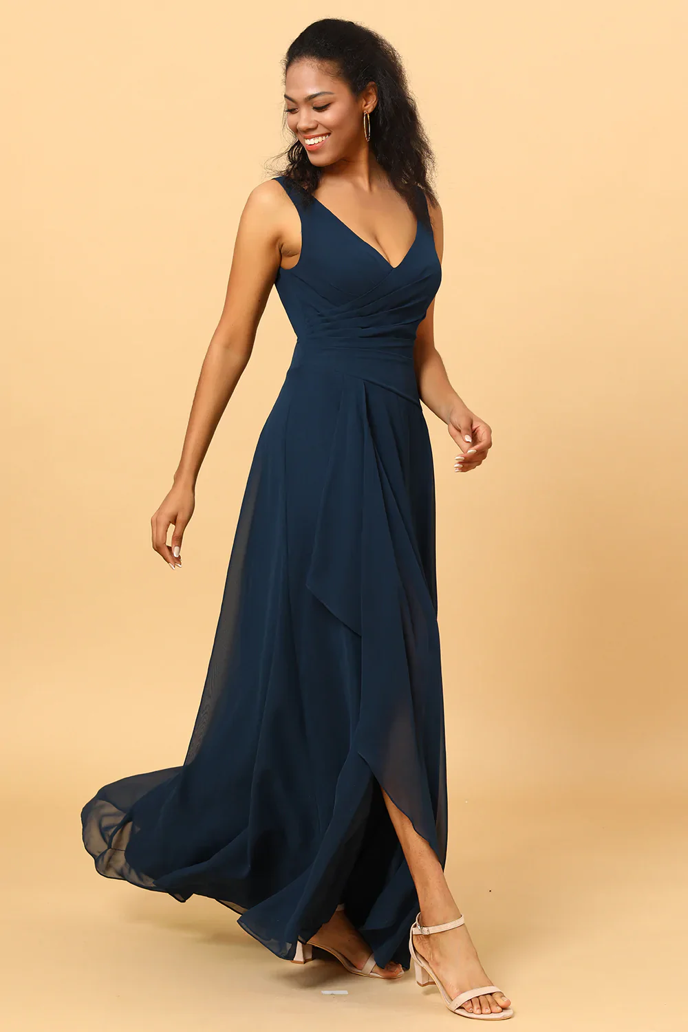 Navy V-Neck Chiffon Bridesmaid Dress with Ruffles - JUORTHO