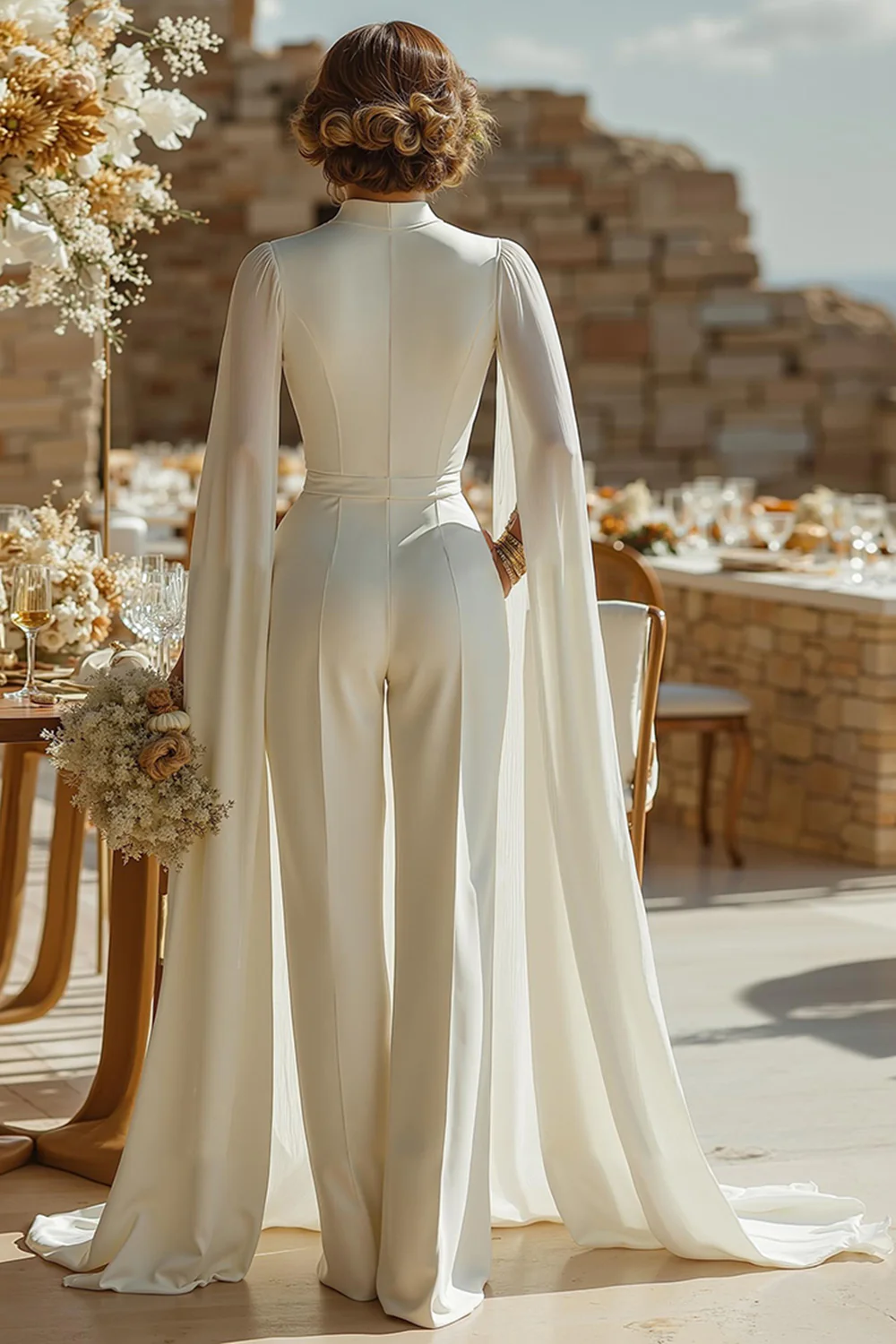 Ivory High Neck Keyhole Bridal Jumpsuits with Pockets - JUORTHO