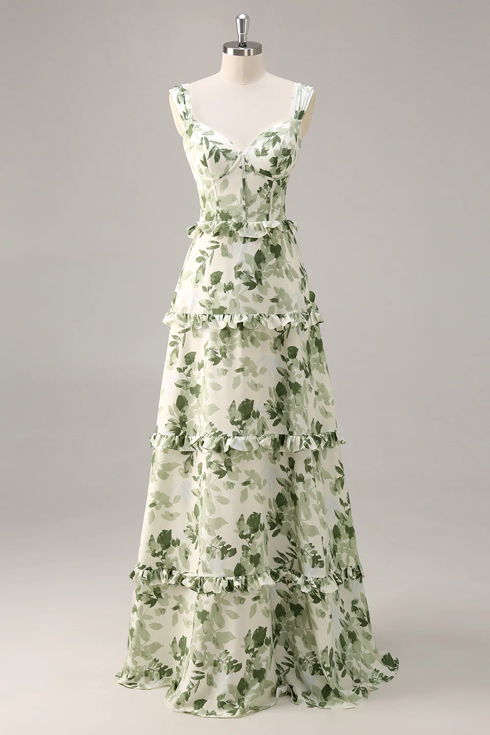 Green Floral Corset Satin Long Wedding Guest Dress with Ruffles - JUORTHO