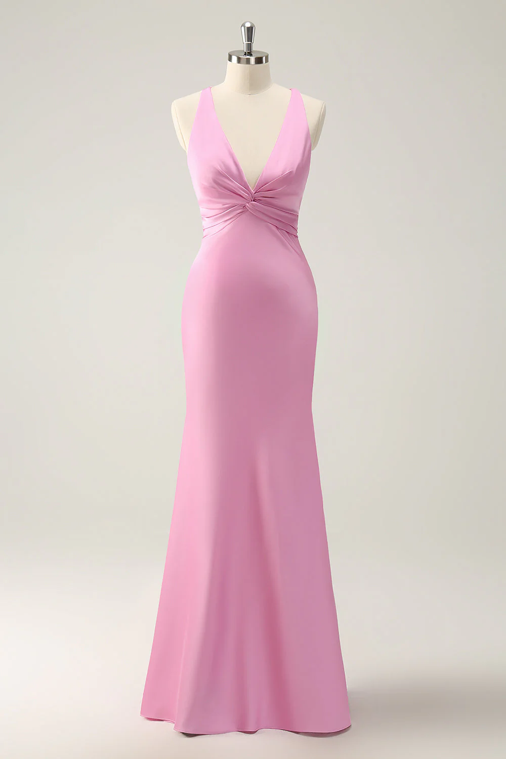 Pink Mermaid V Neck Satin Long Bridesmaid Dress - JUORTHO