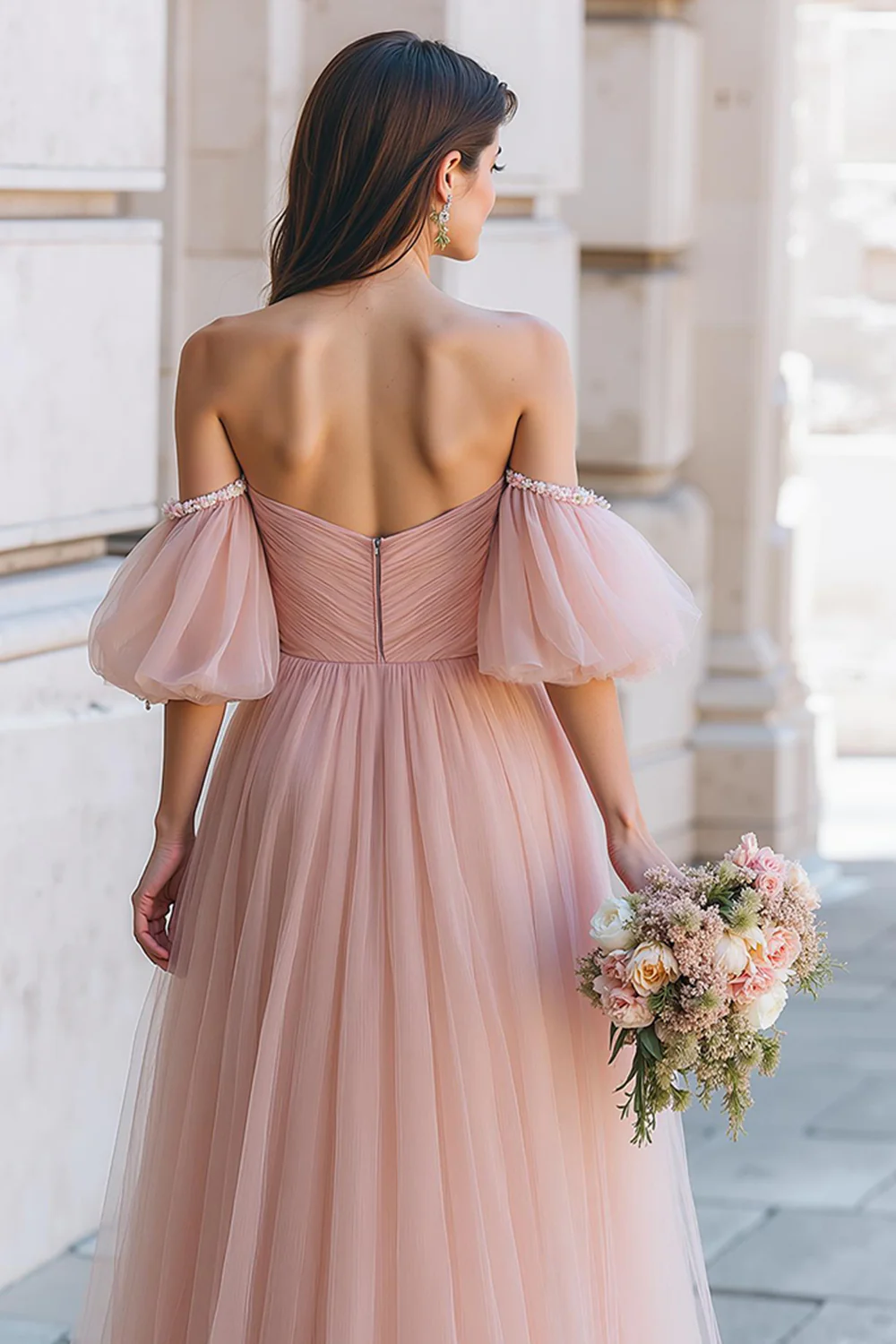Dusty Rose Off the Shoulder Tulle A-Line Long Bridesmaid Dress with Sleeves - JUORTHO
