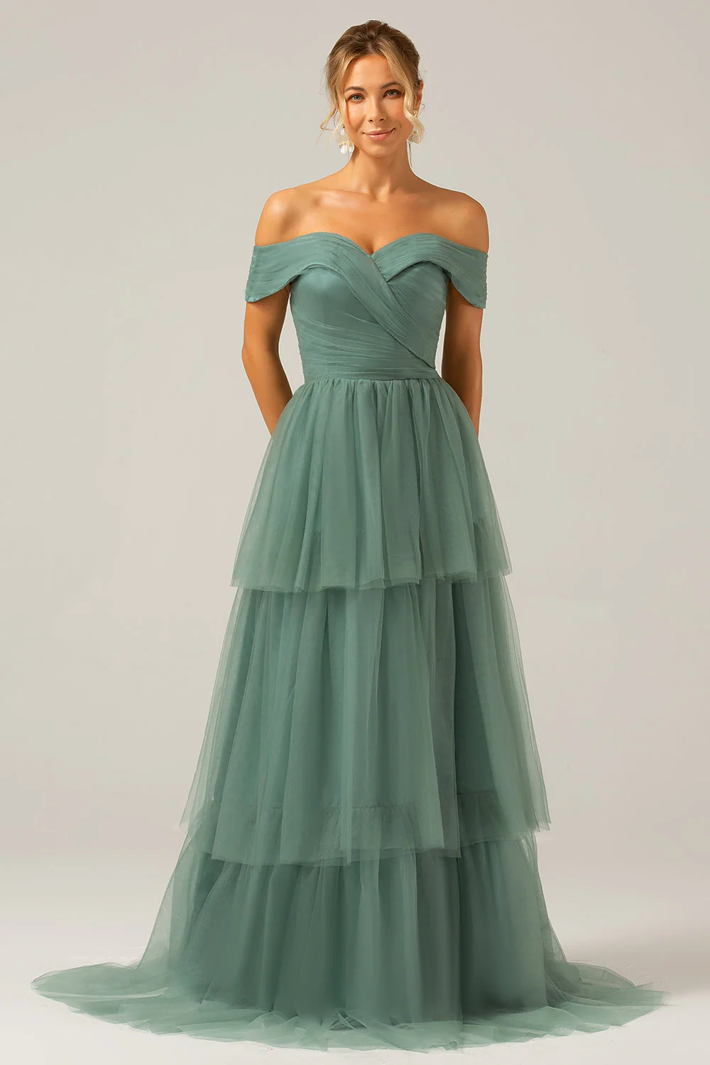 Grey Green Tulle A Line Off the Shoulder Tiered Bridesmaid Dress - JUORTHO