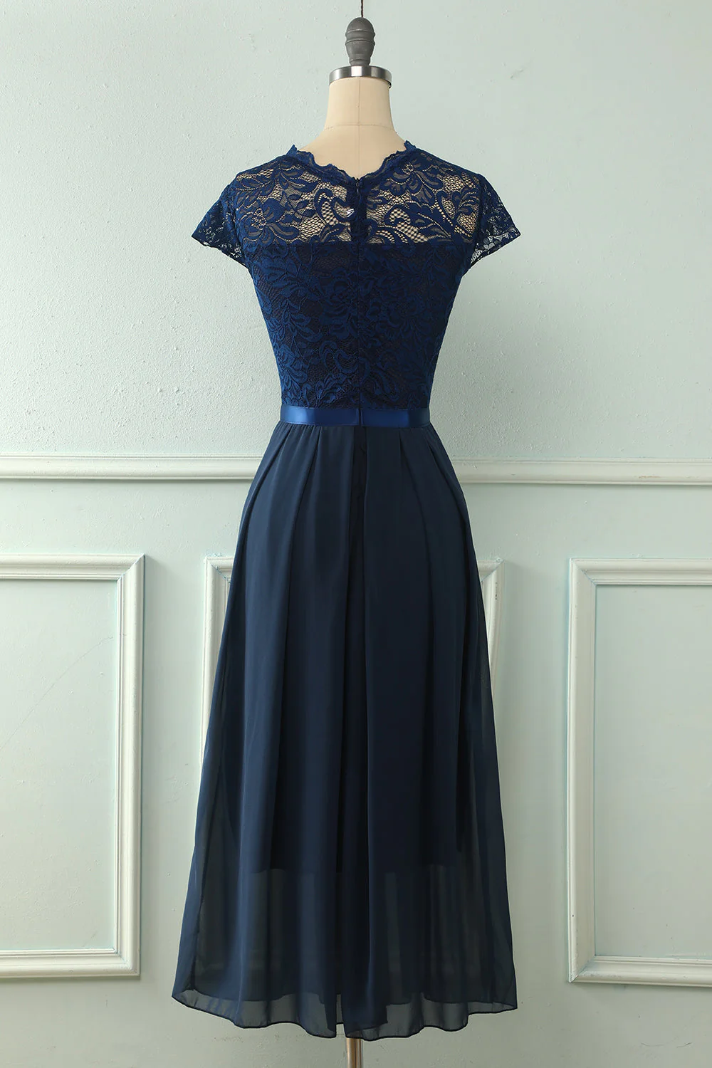 Navy Midi Lace Bridesmaid Dress - JUORTHO