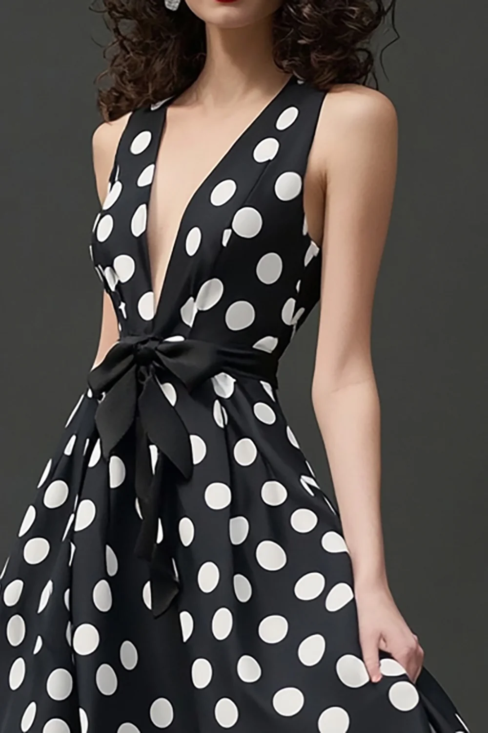 Deep V-Neck Black and White Satin Maxi A Line Polka Dot Dress with Bow - JUORTHO