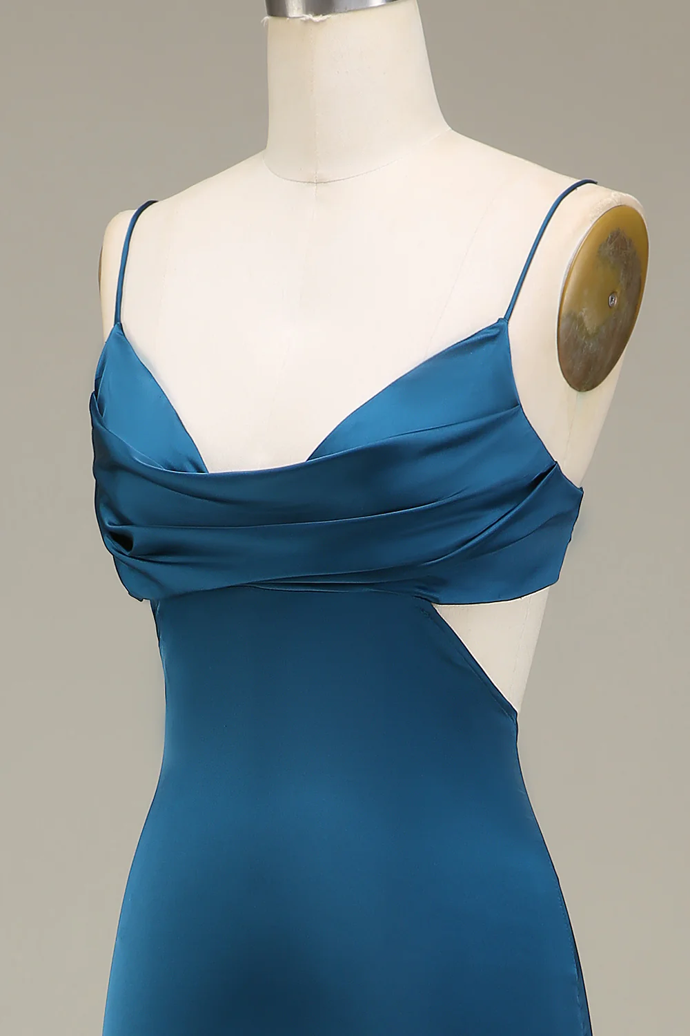 Peacock Sheath Spaghetti Straps Long Satin Bridesmaid Dress - JUORTHO