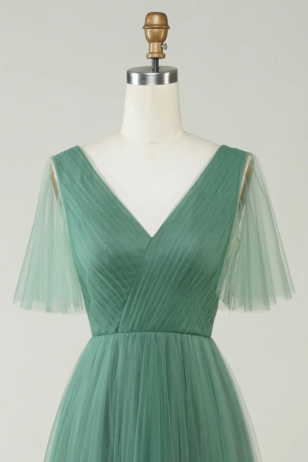 Eucalyptus V Neck Open Back A-Line Tulle Bridesmaid Dress - JUORTHO