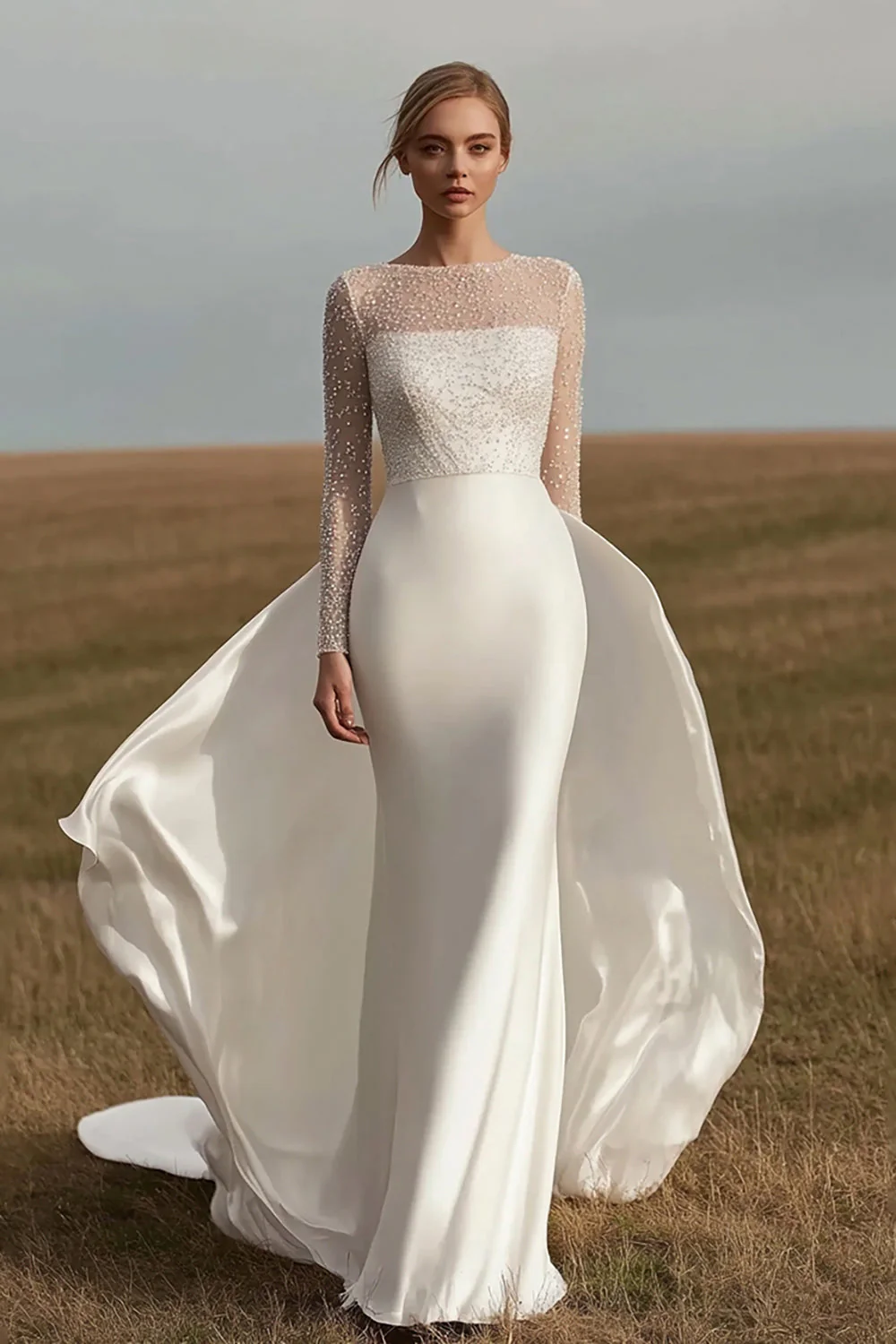 Ivory Satin Long Sleeves Sheath Wedding Dress with Beading - JUORTHO