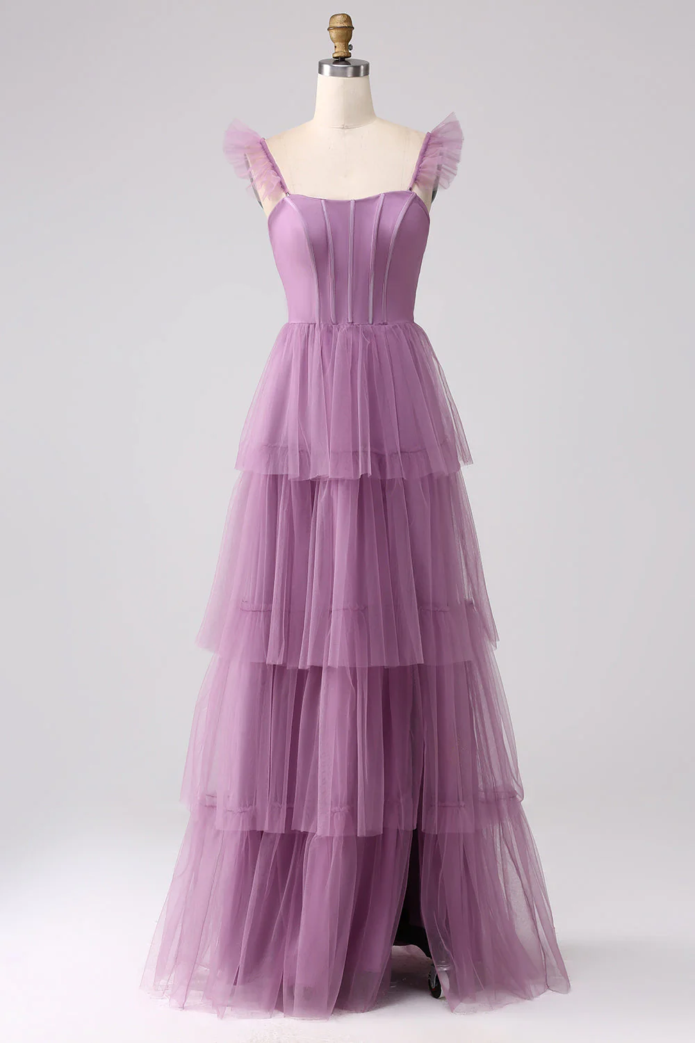 Purple A Line Tulle Tiered Pleated Long Prom Dress with Slit - JUORTHO