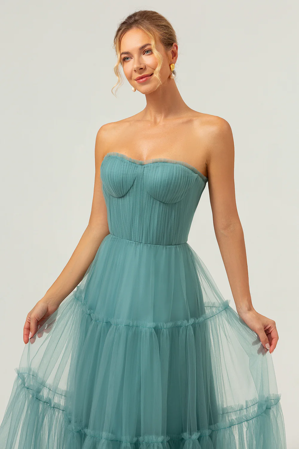 Eucalyptus Strapless Tulle A-Line Bridesmaid Dress - JUORTHO