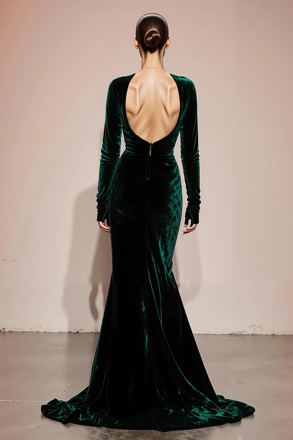 Dark Green Velvet Mermaid Long Sleeves Formal Dress with Slit - JUORTHO