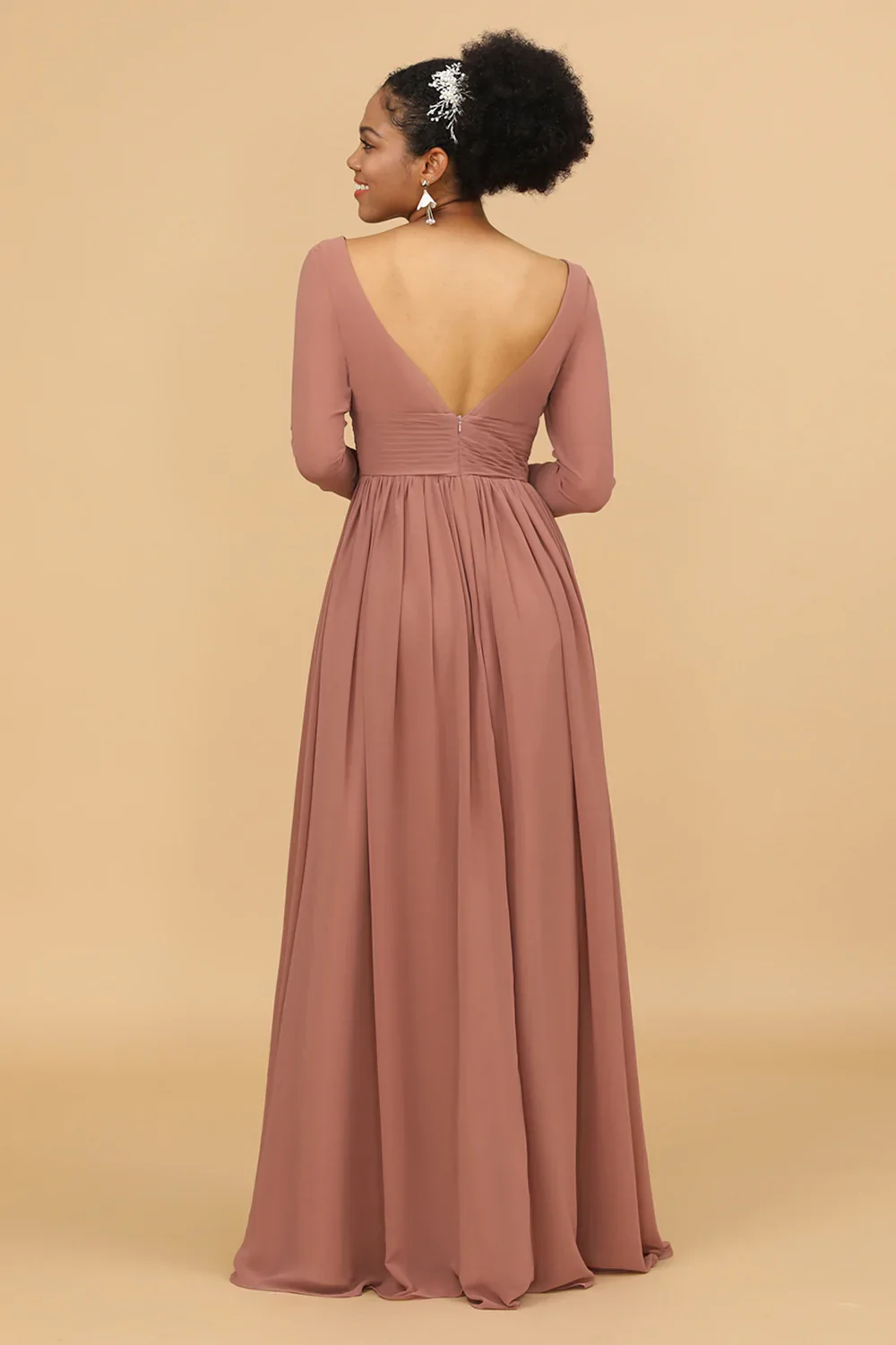 Blush V-Neck Long Sleeves Bridesmaid Dress - JUORTHO
