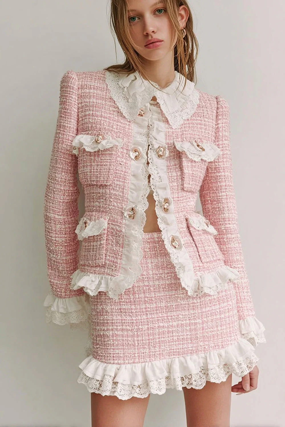 Pink Tweed 2 Piece Lapel Short Blazer Homecoming Outfits with Ruffles - JUORTHO