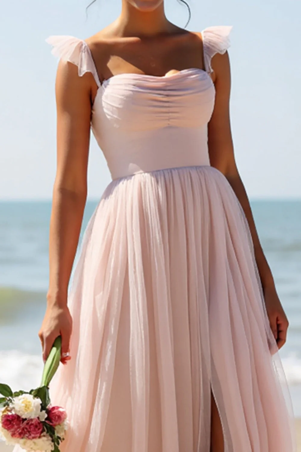 Candy Pink A Line Long Pleated Bridesmaid Dress with Slit - JUORTHO