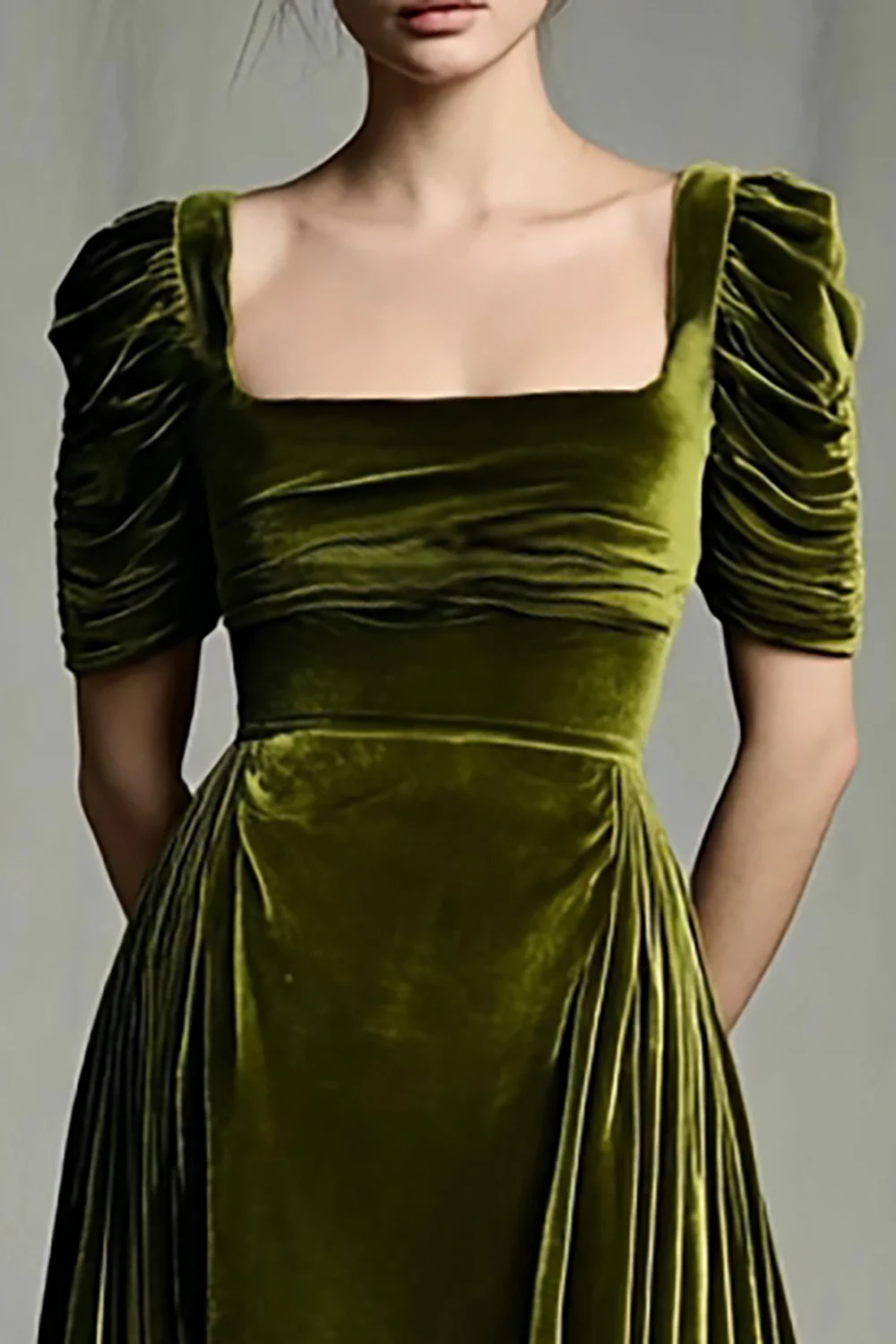 Olive A Line Velvet Square Neck Long Holiday Party Dress with Sleeves - JUORTHO