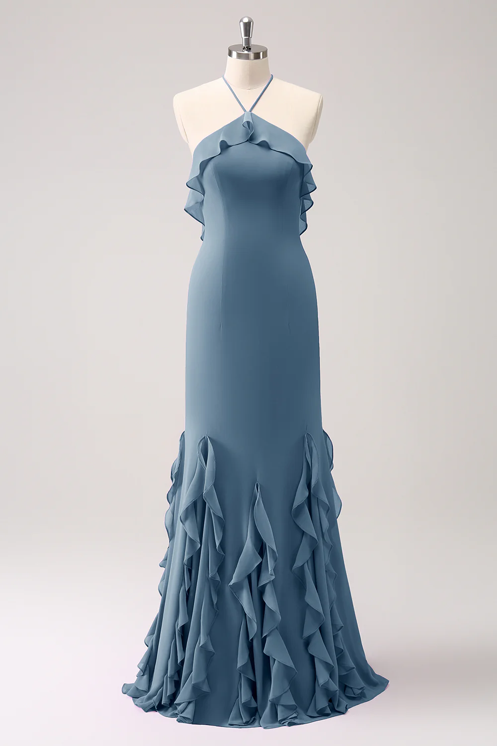 Tahiti Mermaid Halter Ruffle Chiffon Long Bridesmaid Dress - JUORTHO